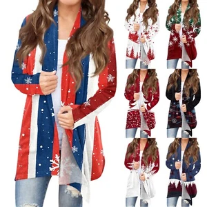 Women's Fashion Christmas Printed Jacket Cardigan Casual Medium Length Coat - Picture 1 of 33