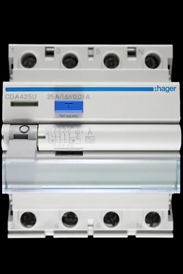 HAGER 25 AMP 30mA FOUR POLE RCCB RCD TYPE A CDA425U 161492 - Image 1 of 4