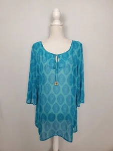 Jaclyn Smith Teal Geometric Print Sheer Tunic Top Wood Beaded Tie Neck Womens XL - Picture 1 of 8