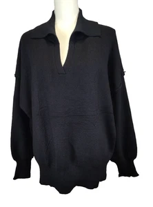 Black Baggie Sweater Size XL, NWT V-neck & Folding Collar, Slit Sides by YKR - Picture 1 of 23