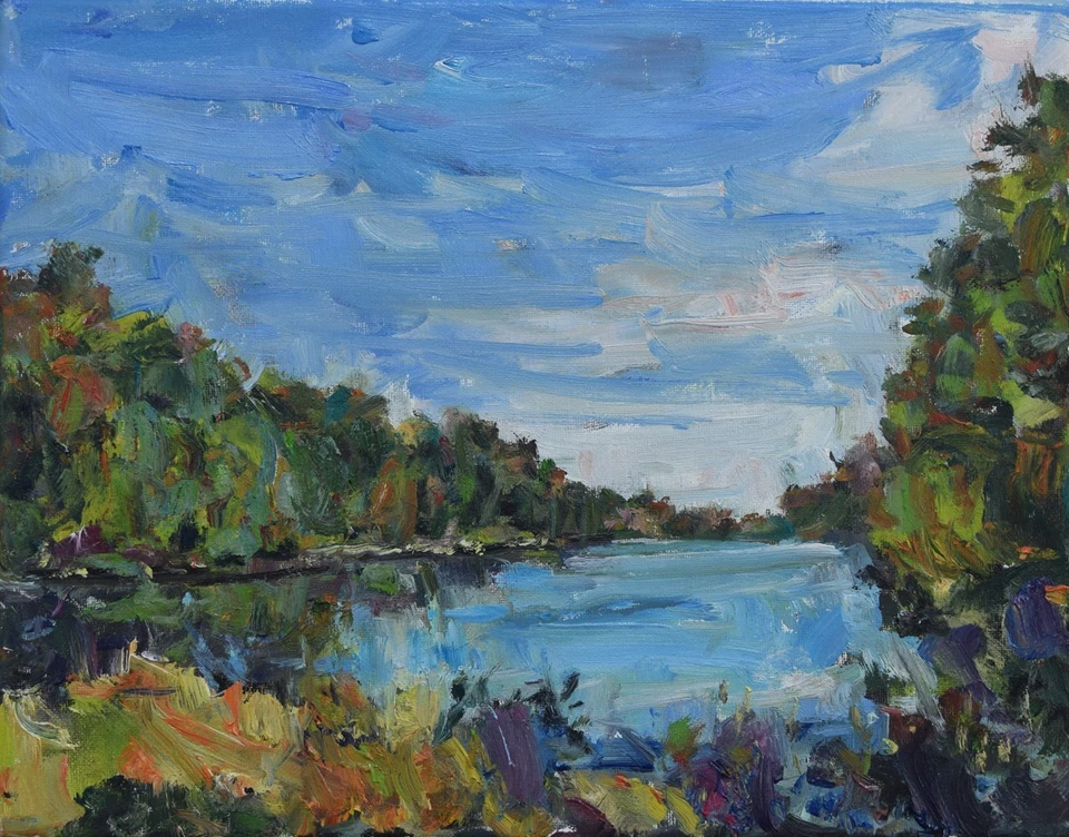 Искусство оригинальная картина маслом RM Mortensen «Вилка саранчи» реки озера природы 11 x 14 - Изображение 1 из 1