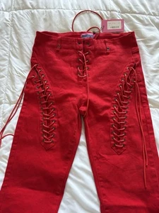 NEW Edikted Lace Up Fire Engine Red Flare Hot Pants Jeans Medium Festival Boho M - Picture 1 of 5