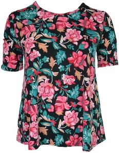 Camiseta negra rosa verde estampado floral cuello redondo elástica swing transparente top damas - Imagen 1 de 2