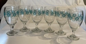 6 Large Vintage LIBBEY Footed Glasses Goblets Water Wine Clear Teal Flowers 7” - Picture 1 of 9
