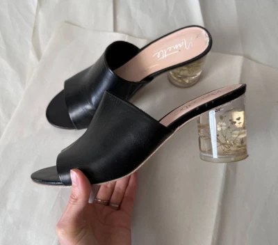 Nanette Lepore туфли черный Mules заглянуть носок цветок прозрачный блок каблук размер 9,5 M - Изображение 1 из 4