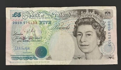 Billete de 5 libras 1990 locomotora George Stephenson del Banco de Inglaterra Foto 1 de 2