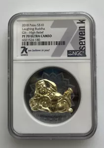 2018 Palau $10 Laughing Buddha Gilt High Relief NGC PF70 Ultra Cameo 7K* Pop 228 - Picture 1 of 5