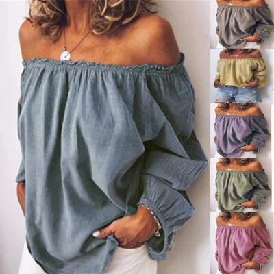Women's Off shoulder Tops Summer 3/4 Sleeve Blouse Cotton T-Shirt Plus Size Top - Image 1 of 4