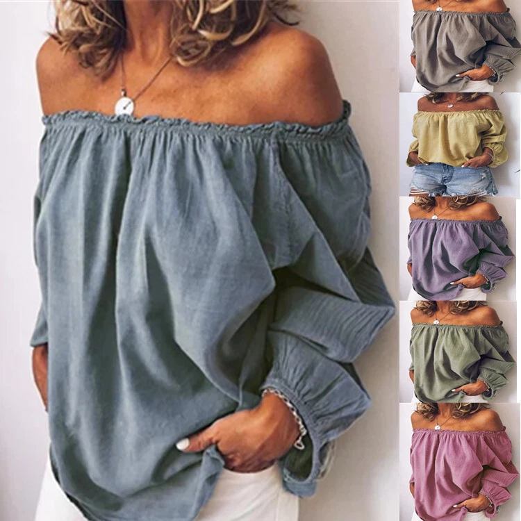 Women's Off shoulder Tops Summer 3/4 Sleeve Blouse Cotton T-Shirt Plus Size Top - Image 1 of 4