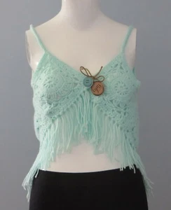 New Handmade Crochet Green Size S Sleeveless Fringes V-Neck Boho Blouse Tops - Bild 1 von 8