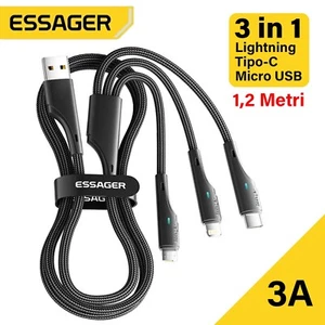 Cavo di ricarica 3 in 1 multicavo 3A TIPO-C MICRO USB IPHONE 1,2 Metri - Foto 1 di 4