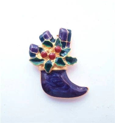 Brandneu Vintage 1980er Deadstock Gold Metall & Faux-Emaille Weihnachten Strumpf Brosche - Bild 1 von 3
