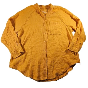 Aerie Women's Sz L Mustard Yellow Gauzy Cotton Frayed Hem Boho Button Up Shirt - Picture 1 of 9