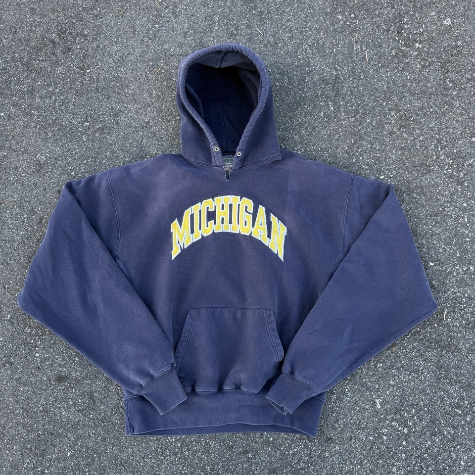 Vintage Michigan Reverse Weave Sweatshirt Hoody Sun Faded Navy Mens XL 90s USA - Image 1 of 4