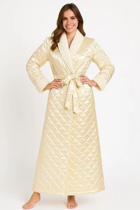 Vintage Victorias Secret Ivory Satin Quilted Maxi Robe Fleece Lined Sz M L - Picture 1 of 6