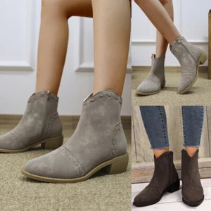 Botas al tobillo para mujer gruesas de tacón bajo a la moda botas cortas occidentales - Imagen 1 de 16