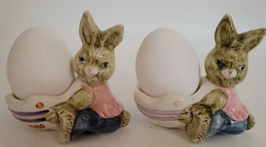 Ceramic Easter Egg Holder Set of 2 Bunny Rabbits 2.75" Tall Holds Plastic /Real - Picture 1 of 10