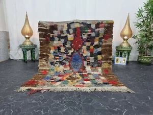 Moroccan Handmade Vintage Rug 4'5"x5'4" Berber Geometric Brown Yellow Carpet - Picture 1 of 12