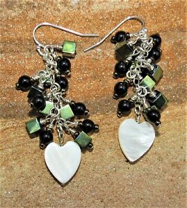 Earrings / Mother of Pearl Obsidian 925 Sterling Silver Heart Dangle Chandeliers