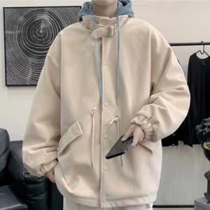 Cappotto uomo con cappuccio giacca finto due pezzi capospalla streetwear hip hop preppy casual - Foto 1 di 15