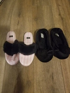 Victoria's Secret Pink Stripe Logo Size SMALL Satin & Old Navy Slippers - Picture 1 of 5
