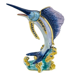 Schmuckstück emailliert Zinn Segelfisch Fisch Schmuckschatulle mit Kristallen 4" hoch Neu! - Bild 1 von 3