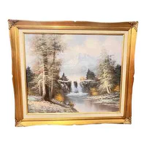 R Thomas OIL PAINTING On Canvas Waterfall Mountain River Pine Trees Forest 25x29 - Picture 1 of 9
