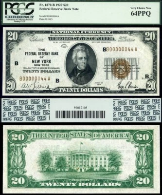 1929 $20 FRBN PCGS CU 64PPQ FR-1870-B New York Low Fancy S/N B00000044A - Image 1 of 3