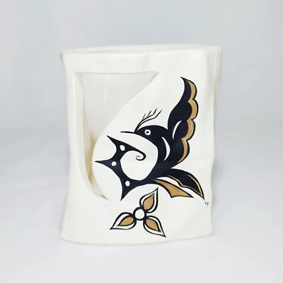 Ceramic Paper Bag Votive Candle Holder with Cutout Hand Painted Bird Flower USA - Image 1 of 4
