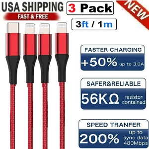 3 Pack USB C to 8Pin Cable 3/6/10ft PD Fast Charging Cord for iPhone 14 13/12/11 - Picture 1 of 26