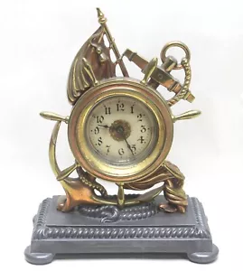Antique Brass Naval Desk Clock Anchor & Flag 1908 - Picture 1 of 10