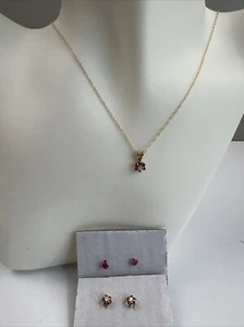 Pink Tourmaline & Diamond Flower Pendant Necklace 18k Yellow Gold 18" 2 Earrings - Picture 1 of 7