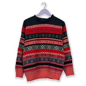 Maglione Vintage misto lana a girocollo a righe rosa blu e rosso - Taglia 50 M u - Foto 1 di 13