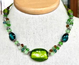Boho Green Glass Mixed Shapes Bead Choker Necklace 19" Adjustable Length - Picture 1 of 5