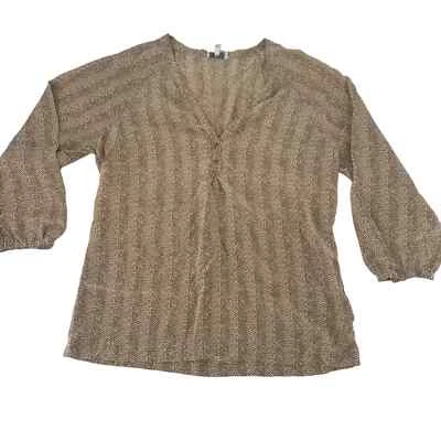 Blusa Joie Top Talla Pequeña Seda Marrón y Crema Henley Pullover Oficina Iglesia Foto 1 de 4