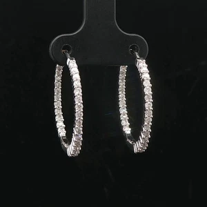 14k White Gold and 1cttw Diamond Inside Out Hoop Earrings 1" - Picture 1 of 7