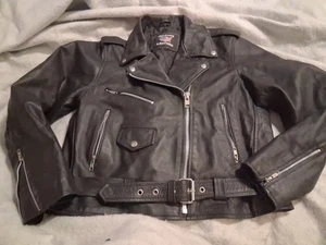 Giacca biker vintage donna pelle nera taglia L Allstate tasche cerniera grunge - Foto 1 di 9