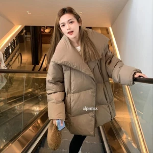 Korean Style Womens Big Lapel Collar Duck Down Jacket Mid Long Loose Fit Coat Sz - Picture 1 of 26