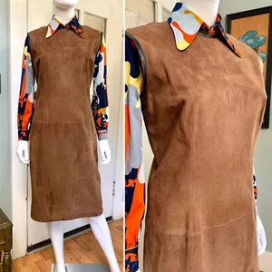 Vintage 60s Medium Large Brown Suede Sheath Dress - Picture 1 of 10