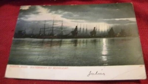 VINTAGE POSTCARD #5501 WATERFRONT BY MOONLIGHT, BOSTON, MASS. - Picture 1 of 2