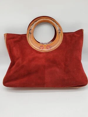 Bolsa de mão de couro de camurça floral vintage boho vermelha marrom  - Imagem 1 de 4