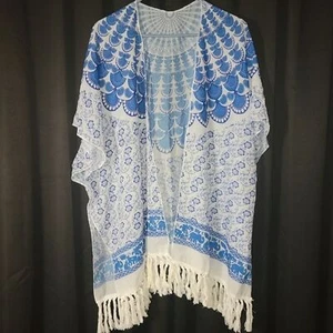 XL Kimono Elephant Floral Mandala Print Blue Polyester Fringe Vest Throw Poncho - Picture 1 of 9