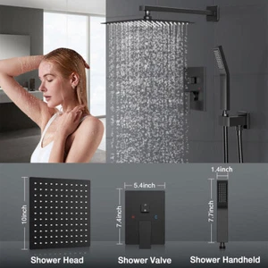 Black High Pressure 10" Rainfall Shower Head +Handheld Showerhead Valve Trim Kit - Picture 1 of 9