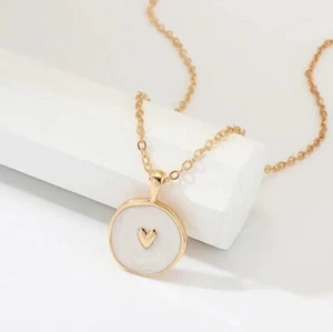 White Heart Charm Necklace Gold Chain w/ Celestial Pendant, Sun Moon Stars Love - Picture 1 of 3