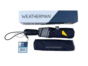 Weatherman Portable Blue TRAVEL Umbrella w/ Cover Heavy Duty -Yellow M Logo NEW - Picture 1 of 10