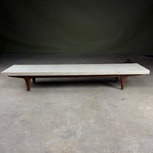 Vintage White Polished Concrete Coffee Table with Solid Teak Base & Brass Feet - Picture 1 of 12