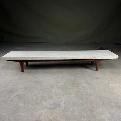 Vintage White Polished Concrete Coffee Table with Solid Teak Base & Brass Feet - Image 1 of 4