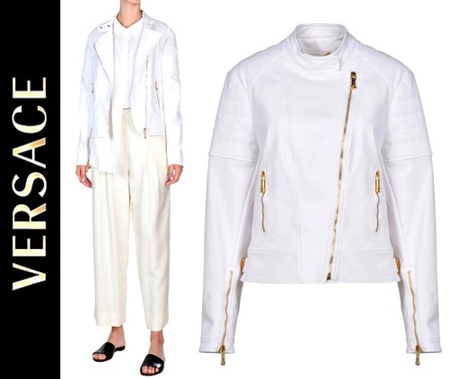 Giacca Moto Versace Bianco Neoprene Trapuntata Spalle Tg US S IT 42 $3035 ITALIA