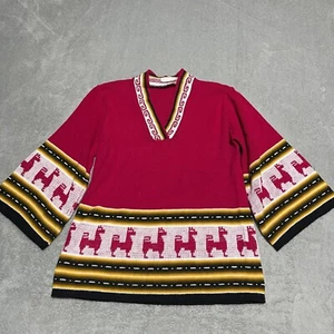 Suéter Vintage Años 70 Manga Campana Pequeño Rosa Pullover Alpaca Llama Estampado Cuello en V - Imagen 1 de 9