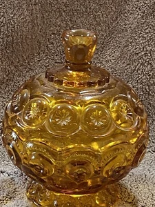 Vtg LE Smith Moon & Stars Amber Glass Pedestal Compote Covered Candy Dish w/Lid - Picture 1 of 9